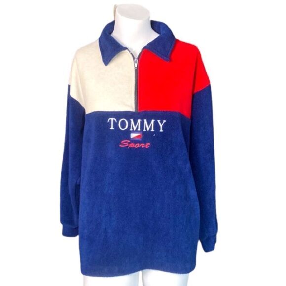 Vintage 90s Y2K Tommy Sports Colour Block Fleece 3/4 Zip Warm Fall Pullover - Picture 1 of 8